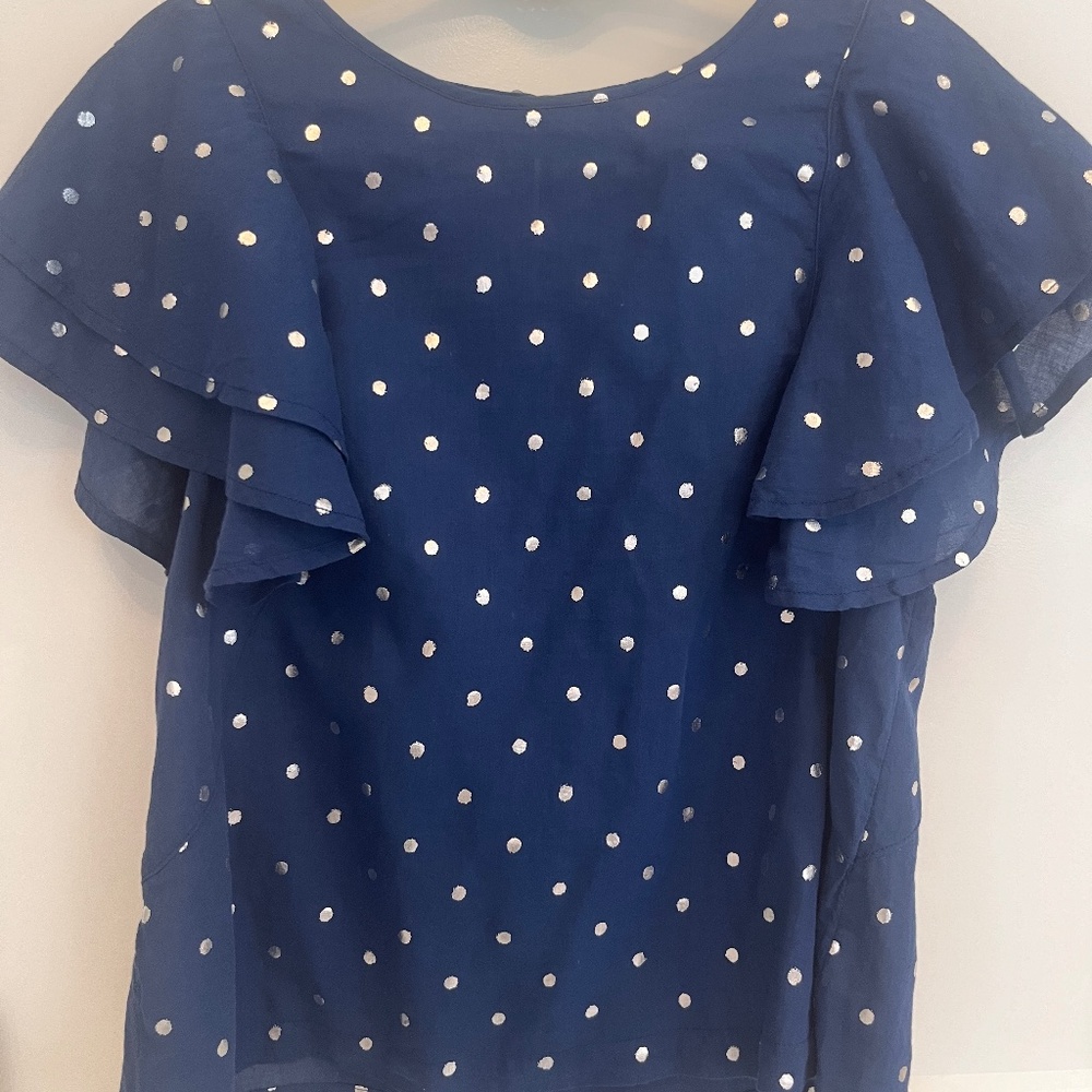 J Crew Blue and Silver Polka Dot Flutter Sleeve Top // Size M